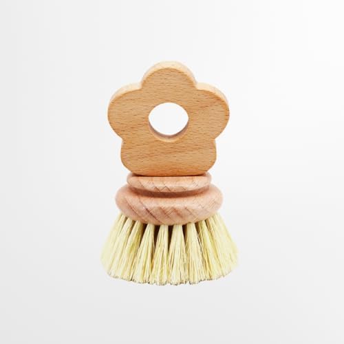 Kitchen Natural Beechwood Dish Brush with Handle Sisal Bristle Fruit Vegetable Scrubber Small Wooden Brush Designed for Cleaning Pot, Pan, Plate, Bowl and Utensil (Flower Shaped) by SHINCULSUN