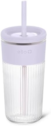 Ello Ava 18oz Glass Tumbler with Straw and Lid for Iced Coffee, Sugarplum by Ello