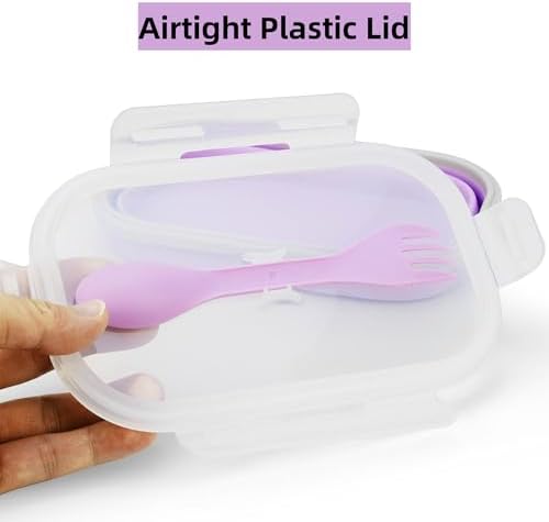Collapsible Silicone Lunch Box with Lid and Spork, Leakproof Foldable Bento Box for Meal Prep, Travel, Camping, Microwave and Dishwasher Safe, 8.1 x 5.1 x 2.8 inches, Purple - Image 4
