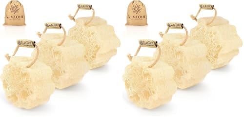 Almooni Mini Natural Loofah Sponge - Real Egyptian Shower Exfoliating Loofah - Small Loofah Scrubber for The Perfect Grip - 3 Count(2 Pack) by Almooni