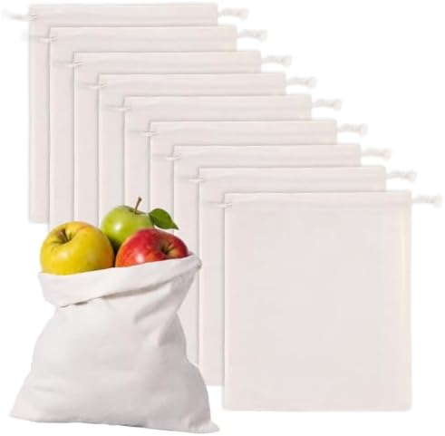 10 Pcs Reusable Produce Bags, 12"x10" Natural Linen Bread Bag Muslin Bags with Drawstring, X-Large Washable Fabric Multipurpose Canvas Cloth Gift Bag for Kitchen Food Storage, Shoe Grocery Organizer by Unknown