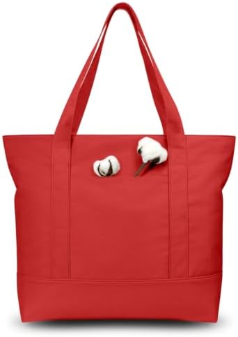 TOPDesign 3-Pack Canvas Tote Bags with an External Pocket, Reusable Grocery Shopping Bags, Top Zipper Closure, Daily Essentials (Red) by TOPDesign