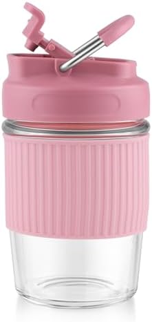 Sivaphe Reusable Glass Ice Hot Coffee Cup 12 oz, Portable Travel Mug with Spill-Proof Lid and Thermal Sleeve for Home Office Pink by Sivaphe