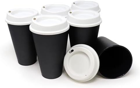 Rolling Sands USA Made 16 oz Reusable Coffee Cups with Lids 6 Pk, To Go Travel Cups, Hot or Cold Drinks, Dishwasher and Microwave Safe, Black Cups, White Lids by RollingSands