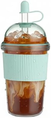 Reusable Ices Coffee Cups with Lids and Straws 17oz, Boba Cup with Straw,Tumbler with Silicone Sleeve for Cold Drinks, Iced Coffee, Bubble Tea ，light Blue by kuoleopa