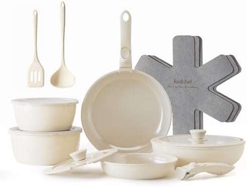 Redchef Ceramic Pots and Pans Set, Nonstick Kitchen Cookware Set with Detachable Handle, Non Toxic Cookware Set 16pcs, PFAS PFOA & PTFE Free, RV Ceramic Cookware for Camping, Dishwasher/Oven Safe by Redchef