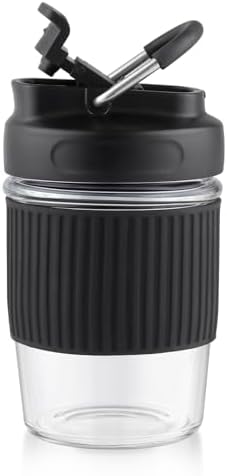 Sivaphe Reusable Glass Ice Hot Coffee Cup 12 oz, Portable Travel Mug with Spill-Proof Lid and Thermal Sleeve for Home Office Black by Sivaphe