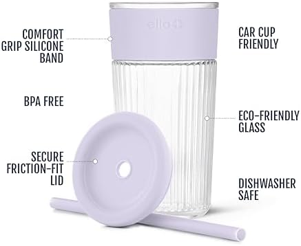 Ello Ava 18oz Glass Tumbler with Straw and Lid for Iced Coffee, Sugarplum - Image 3