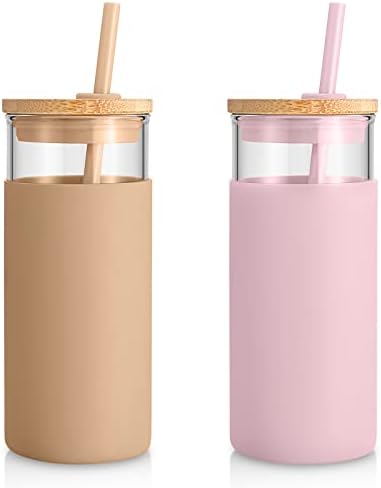 Tronco 20 oz Glass Tumbler with Lids and Straws, Reusable Iced Coffee Cups by Tronco