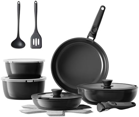 Redchef 16pcs Ceramic Pots and Pans Set Non Stick, Nonstick Kitchen Cookware Set with Detachable Handle, Non Toxic, PFAS PFOA & PTFE Free, RV Cookware Set for Camping, Dishwasher/Oven Safe (Black) by Redchef