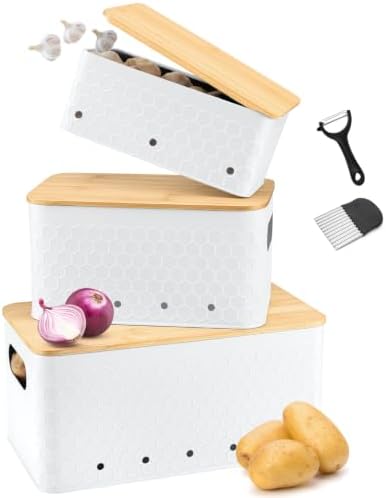 Kitchen Vegetable Storage Set of 3, Metal Onion Garlic Potato Storage Set, Kitchen Canisters Vegetable Keeper Containers with Aerating Holes and Bamboo Lid,Embossed White by Dekosilave