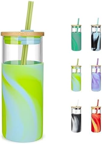 Tronco 20 oz Glass Tumbler with Lids and Straws, Reusable Iced Coffee Cups by Tronco