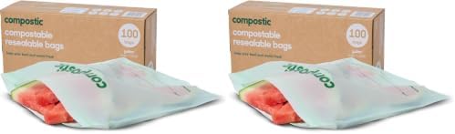 Compostic Compostable Gallon Bags (100 Count) Bulk Pack — Resealable Zip-Seal, Plant-Based, Home Compostable, Freezer Safe, BPA-Free, Non-Toxic, GMO-Free Food Storage Bags (Pack of 2) by COMPOSTIC