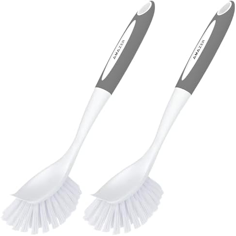 Amazer Dish Brush with Handle, 2 Pack Kitchen Scrub Brushes for Cleaning, Dish Scrubber with Stiff Bristles for Sink, Pots, Pans (Grey+Grey) by Amazer