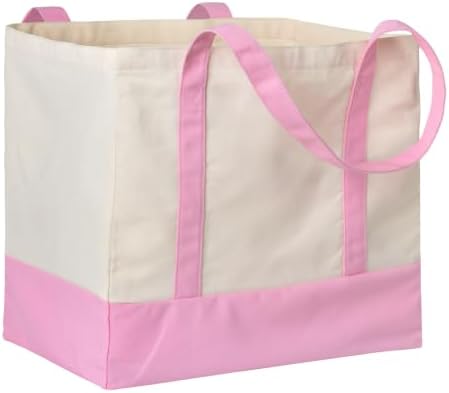 1-Pack Heavy Duty Canvas Reusable Grocery Bags, 8.3 Gal Foldable Large Tote with Handles, Washable Eco-friendly Bags with 5 Pockets, (Pink/Beige) by CNaiyunpin