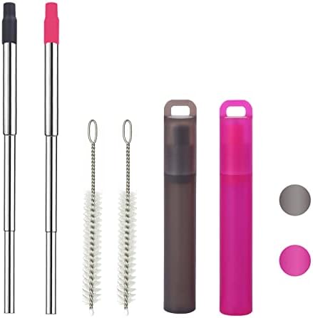 NAIVELY-Metal Reusable Straws, 2 Pack Collapsible Portable Stainless Steel Straws, with Plastic Housing Silicone Tips and Cleaning Brush, Retractable Portable Pocket Drinking Straws - Image 6