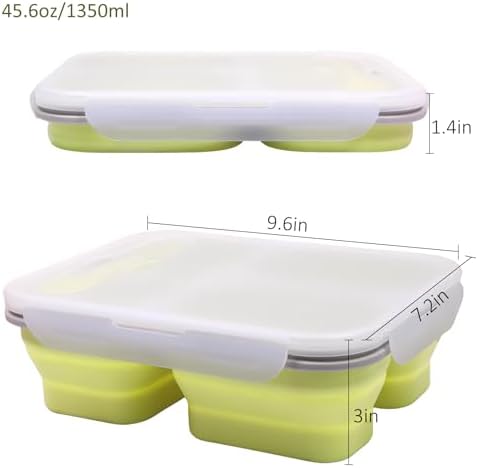 2 Pack Big Collapsible Silicone Bento Lunch Boxes With Lids spoons forks,3 Compartments, Divided Lunch Food Storage Containers, Safe in Microwave, Dishwasher and Freezer, 45.6oz (Yellow+Green) - Image 5