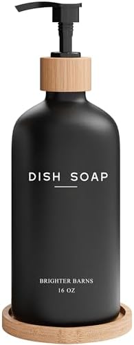 Black Glass Dish Soap Dispenser for Kitchen Sink by Brighter Barns - Modern Kitchen Soap Dispenser Set with Tray - Bamboo Bottle with Pump - Boho Home Decor, Modern Home Decor for Airbnb, Gift (Black) by BrighterBarns
