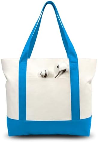 TOPDesign 1-Pack Canvas Tote Bag with an External Pocket, Reusable Grocery Shopping Bag, Top Zipper Closure, Daily Essentials (Ocean Blue/Natural) by TOPDesign