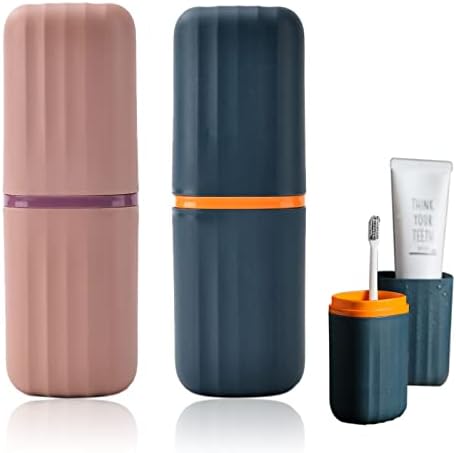 2Pcs Travel Toothbrush Cup Case, Portable Toothbrush Holder Case for Traveling, Camping, Business Trip and School, Plastic Toothbrushes Toothpaste Set with Two Colors (Navy blue and Lotus color) by Sunenlyst
