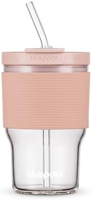 Glass Juice Bottles with Lids and Straws,16oz/480ml Reusable Iced Coffee Glasses,Cold Brew Tumblers with Leakproof Lids,BPA-Free Glass Jars for Juicing,Matcha,Tea,Smoothie (Pink with Sleeve) by BLUEPOLAR