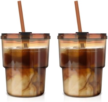 Luxfuel 13 oz Glass Cups with Lids and Straws Reusable Iced Coffee Tumbler by Luxfuel