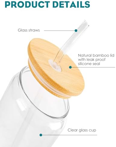 WISIMMALL Drinking Glasses with Bamboo Lids and Glass Straw 8PCS Set, 16oz Glass Cups with Lids and Straws, Beer, Iced Coffee Glasses, Soda, Gift 2 Cleaning Brushes - Image 5