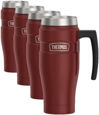 THERMOS Stainless King Vacuum-Insulated Travel Mug with Handle - 16oz, Rustic Red, Thermos Tumbler for Hot/Cold Drinks, Leak-Proof & Sweat-Proof Stainless Steel Coffee Mug with Lid (Pack of 4) by Thermos