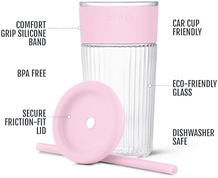 Ello Ava 18oz Glass Tumbler with Straw and Lid for Iced Coffee,Pink Orchard - Image 3