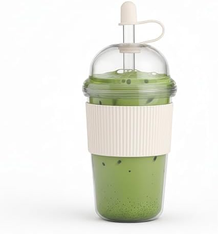Reusable Iced Coffee Cups with Lids and Straws 17oz, Boba Cup with Straw, Tumbler with Silicone Sleeve for Cold Drinks, Iced Coffee, Bubble Tea ，White by kuoleopa