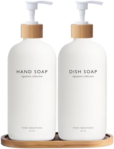 Vine Creations White Glass Soap Dispenser Set, Hand Soap and Dish Soap Dispenser Set with Bamboo Tray, 16 oz Glass Dispensers Bottle for Kitchen and Bathroom Decor Modern Boho with Bamboo Pump (White) by VineCreations