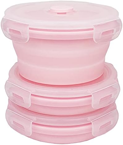 CCyanzi 3piece Round Collapsible Bowl with Lids, Silicone Food Storage Containers, Microwave & Freezer Safe, Space Saving for Kitchen Cabinet and Camping Backpack,(Pink) by CCyanzi