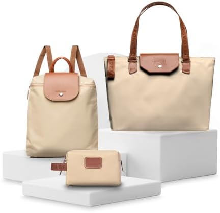 Longvoyage Bonne Vivante 3-Piece Travel Bag Set, Roll-Up Backpack, Large Waterproof Bag & Cosmetic Case, Matching Travel Accessories, Beige by LONGVOYAGE
