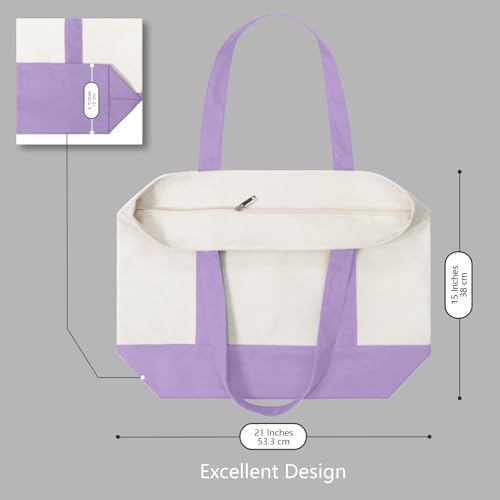 TOPDesign 1-Pack Canvas Tote Bag with an External Pocket, Reusable Grocery Shopping Bag, Top Zipper Closure, Daily Essentials (Lavender/Natural) - Image 5