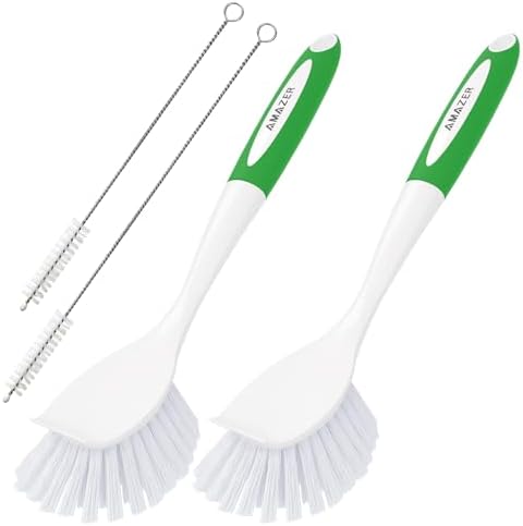 Amazer Dish Brush with Handle, 2Pcs Kitchen Scrub Brushes for Cleaning, 2Pcs Straw Cleaner Brushes for Water Bottle, Dish Scrubber with Stiff Bristles for Sink by Amazer