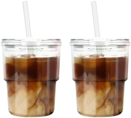 Luxfuel 13 oz Glass Cups with Lids and Straws Reusable Iced Coffee Tumbler by Luxfuel