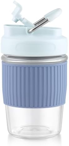 Sivaphe Reusable Glass Ice Hot Coffee Cup 12 oz, Portable Travel Mug with Spill-Proof Lid and Thermal Sleeve for Home Office Blue by Sivaphe