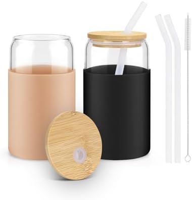 16 oz Glass Cups with Lids - 2 Pack Iced Coffee Cups with Silicone Sleeves by sungwoo