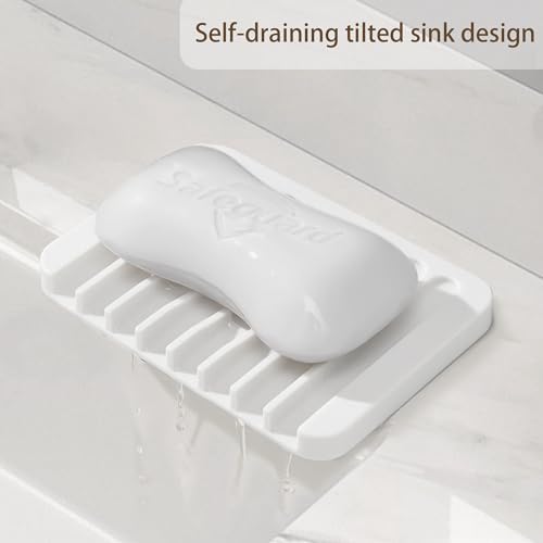 Aoheuo Modern Minimalist Style Soap Dish, Flexible Silicone Drain Soap Holder (White), 4.5" Long 3.2" Wide 0.4" High, Suitable for Kitchen, Bathroom and Bar Sinks - Image 2
