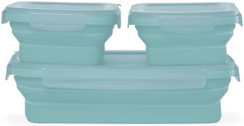Drip EZ Secondz Collapsible Food Storage Containers (set of 3) - Meal Prep, Leftovers, Lunch, Camping, Hiking - Dishwasher & Microwave Safe - BPA-free Silicone - Locking Lids - Ice Blue by DripEZ