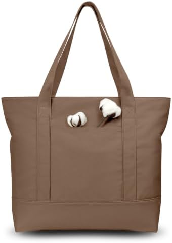 TOPDesign 6-Pack Canvas Tote Bags with an External Pocket, Reusable Grocery Shopping Bags, Top Zipper Closure, Daily Essentials (Brown) by TOPDesign