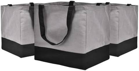 3 Pack Canvas Reusable Grocery Bags Heavy Duty, 8.3 gal Foldable Large Tote Bag with Handles, Holds 60 lbs Canvas Shopping Bags & Washable Eco-friendly Bags with 5 Pockets, Grey+Black by CNaiyunpin