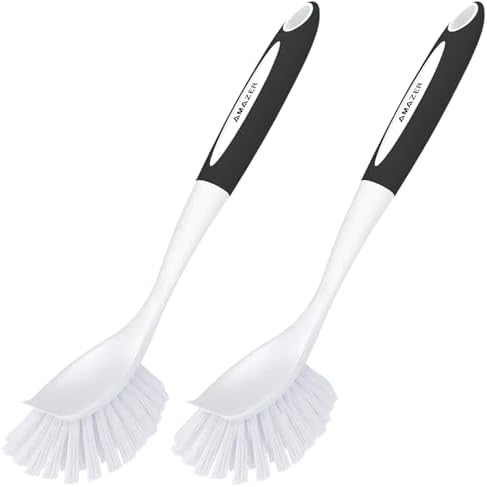 Amazer Dish Brush with Handle, 2 Pack Kitchen Scrub Brushes for Cleaning, Dish Scrubber with Stiff Bristles for Sink, Pots, Pans by Amazer