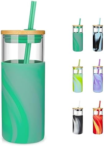 Tronco 20 oz Glass Tumbler with Lids and Straws, Reusable Iced Coffee Cups by Tronco