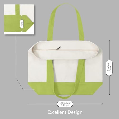 TOPDesign 1-Pack Canvas Tote Bag with an External Pocket, Reusable Grocery Shopping Bag, Top Zipper Closure, Daily Essentials (Light Green/Natural) - Image 5