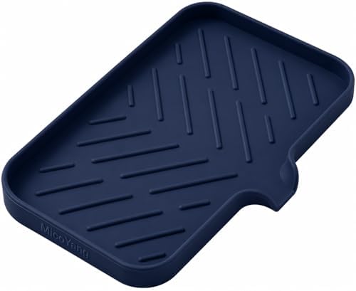 MicoYang Silicone Soap Dish with Drain Spout — Self-Draining Sink Organizer Tray for Bathroom & Kitchen, Sponges, Dispensers & Soap Holder, Non-Slip & Dishwasher Safe, Navy Blue (Medium, 9.6"×5.3") by MicoYang