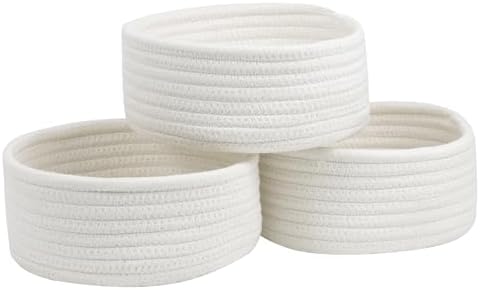 3 Pack Small Woven Cotton Rope Baskets for Organizing, White by Togous