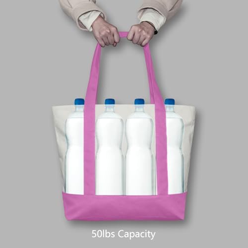 TOPDesign 1-Pack Canvas Tote Bag with an External Pocket, Reusable Grocery Shopping Bag, Top Zipper Closure, Daily Essentials (Light Purple/Natural) - Image 6