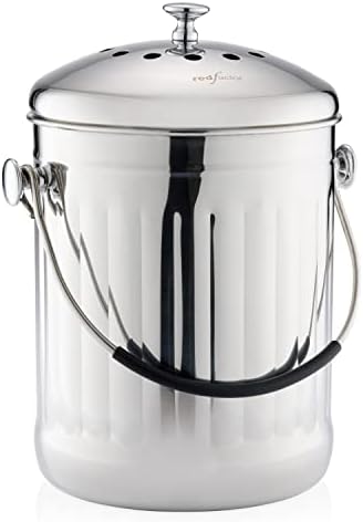 RED FACTOR Premium Compost Bin for Kitchen Countertop - Stainless Steel Food Waste Bucket with Innovative Dual Filter Technology - Includes Spare Filters (Brilliant Steel, 1.3 Gallon) by REDFACTOR