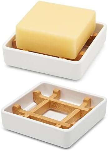 Bamboo Soap Dishes for Bar Soap Holders for Shower for Bathroom Sink Bulk Small Wooden Soap Tray Jabonera Pretty Neat Ventilated Soap Dish Disj Disk, Detachable (Single Right Angle White) by Fufengz